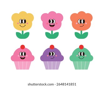 Cute cartoon cupcakes and smiling flower characters are perfect for kids designs, greeting cards or spring themed decorations.