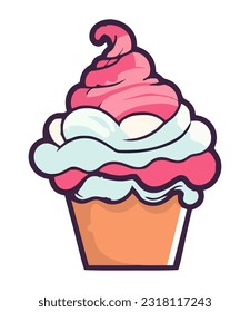 Cute cartoon cupcakes with whipped cream icing icon isolated
