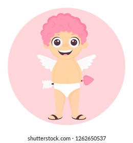 Cute cartoon Cupid or angel with pink hair and white wings holding arrow in hands. Vector illustration for Valentine's Day 