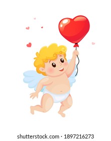 Cute cartoon Cupid with balloon in heart shape. Illustration for a Valentine's Day
