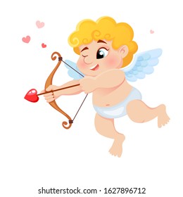 Cute cartoon Cupid with bow, arrow of love and hearts.  Illustration for a Valentine's Day