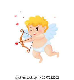 Cute cartoon Cupid with bow, arrow of love and hearts. Illustration for a Valentine's Day