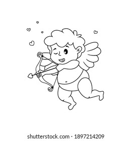 Cute cartoon Cupid with bow, arrow of love and hearts.  Illustration for a Valentine's Day. Black and white vector illustration for coloring book