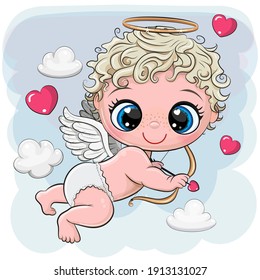 Cute Cartoon Cupid with bow and arrow on a blue background