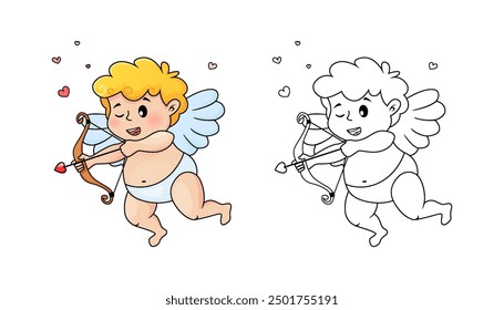 Cute cartoon Cupid with bow, arrow of love and hearts.  Illustration for a Valentine's Day. Black and white vector illustration for coloring book with example in color