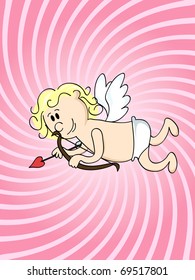 cute cartoon Cupid with a bow over stripped background