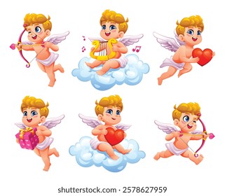 Cute cartoon Cupid characters in various poses with hearts, bows, gifts, and clouds. Vector cartoon illustration