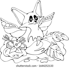 Cute cartoon Cupid Fox with wings, feathers and hearts, lovely dreaming vector doodle stock illustration, black and white isolated print for greeting / invitation card, coloring book, t-shirt, fabric