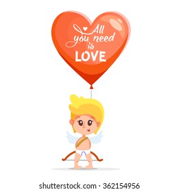 Cute cartoon cupid holding big heart shaped balloon. All you need is love. Vector illustration