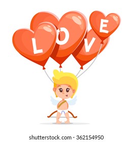 Cute cartoon cupid holding red air balloons with love letters. Design concept for Valentine's day.Vector illustration