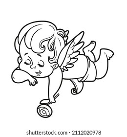 Cute cartoon cupid lies and dozes with a flower in his hand outlined for coloring page isolated on a white background