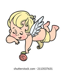 Cute cartoon cupid lies and dozes with a flower in his hand color variation for coloring page isolated on a white background