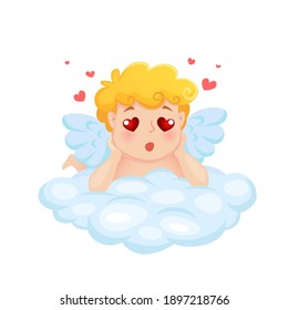 Cute cartoon Cupid in love dreaming on cloud. Illustration for a Valentine's Day