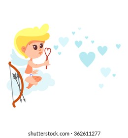 Cute cartoon cupid making heart shaped bubbles. Vector illustration isolated on white