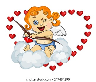 Cute cartoon cupid on cloud in heart