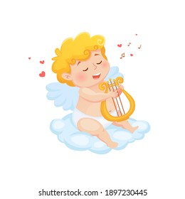 Cute cartoon Cupid plays the lyre. Illustration for a Valentine's Day