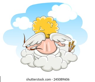 Cute cartoon cupid sitting back