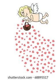 cute cartoon Cupid throwing red hearts from a basket