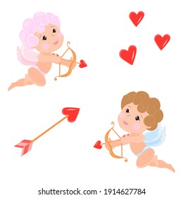 Cute cartoon cupids with bows, arrows and heart elements for stickers, cards, banners or print material.