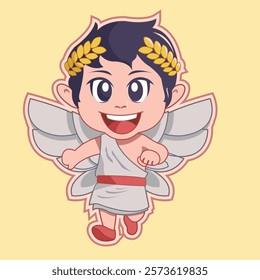 cute cartoon Cupids running with greek headwreath illustration for a Valentine's Day