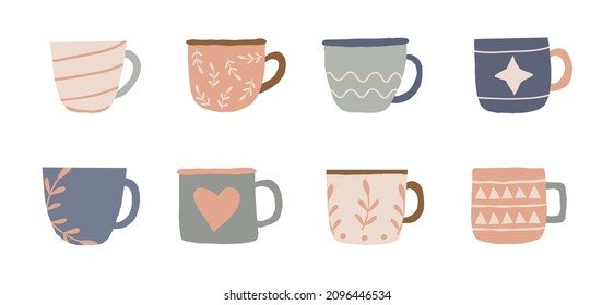 Cute cartoon cups for tea, coffee and other hot drinks. Children's illustration. Decorative mugs for design