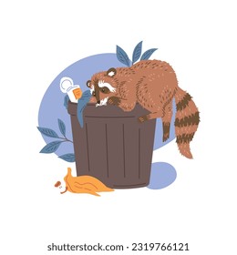 Cute caricatura curiosa racoon sube a un cubo de basura con cientos de alimentos, cáscara de plátano, núcleos, contra el fondo de plantas, hojas y manchas azules. Ilustración vectorial de animales salvajes