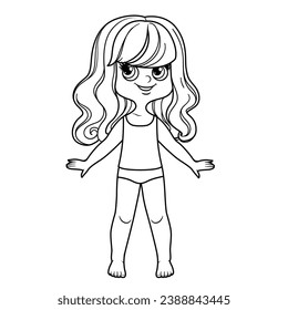 Cute cartoon curled haired girl dressed in underwear and barefoot outline for coloring on a white background