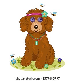 Cute cartoon curly brown hippie dog sits on a lawn. Smiling dog wears blue sunglasses, bandana with flower and pendant. Bees fly near a hound. Isolated vector illustration with a happy dog.