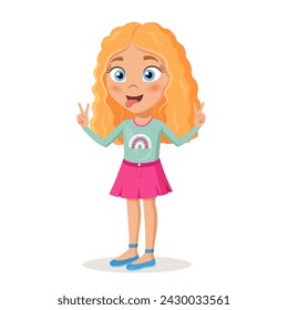 Cute cartoon curly girl character with excited emotion.