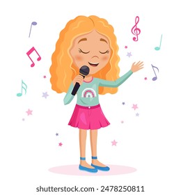 Cute cartoon curly girl character singing with a microphone on stage with decorative stars and notes around.
