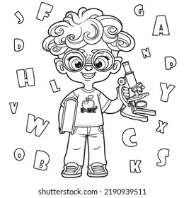 Cute Cartoon Curly Hair Boy Holding Textbook And Microscope Outlined For Coloring Page On A White Background