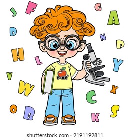 Cute Cartoon Curly Hair Boy Holding Textbook And Microscope Color Variation For Coloring Page On A White Background