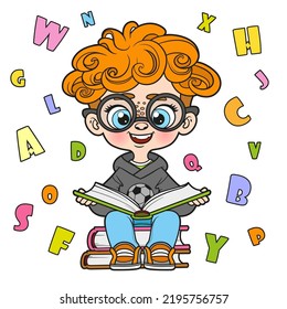 Cute Cartoon Curly Hair Boy Read Textbook And Sitting On A Stack Of Books Color Variation For Coloring Page On White Background