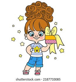 Cute cartoon curly haired girl with gift in hand color variation for coloring page on a white background