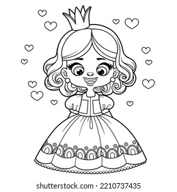 Cute cartoon curly haired girl in a princess dress outlined for coloring page on white background