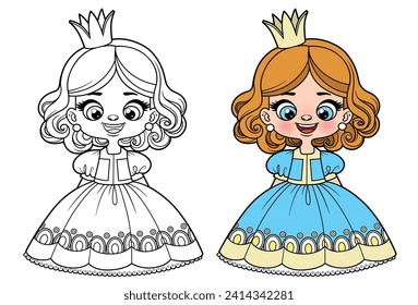 Cute cartoon curly haired girl in a princess dress color and outlined for coloring page