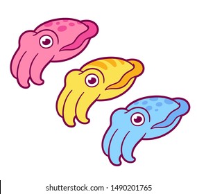 Cute cartoon cuttlefish set. Kawaii cuttlefish drawing in different colors, isolated vector clip art illustration.