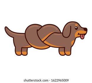 Cute cartoon dachshund with body tied in knot, funny long wiener dog doodle. Isolated vector illustration.