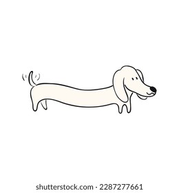 Cute cartoon dachshund dog, puppy wagging tail funny character illustration. Hand drawn vector, isolated. Line drawing. Domestic animal logo. Design concept pet food, branding, business, vet, print svg