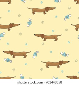 Cute cartoon dachshund dog seamless pattern. Vector background.