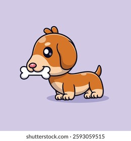 Cute Cartoon Dachshund Dog Standing Carrying a Bone Vector Icon Illustration. Animal Nature Icon Concept Isolated Premium Vector. Animals Cartoon Flat Style