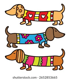Cute Cartoon Dachshund Dogs in Colorful Sweaters Illustration