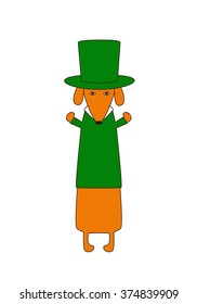 Cute cartoon dachshund in emerald hat and pullover. Greeting card / invitation template. Design element