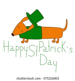 Cute cartoon dachshund in emerald hat and pullover. Lettering Happy St. Patrick`s Day. Greeting card / invitation template. Design element