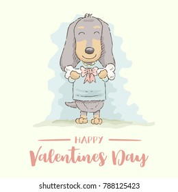 Cute cartoon Dachshund giving a bone in 
watercolor style, vector