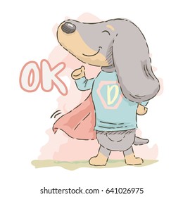 Cute cartoon Dachshund with guilty expression in watercolor style, vector