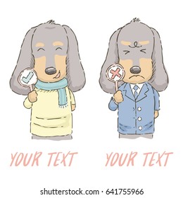 Cute cartoon Dachshund with happy and unhappy expression in watercolor style, vector