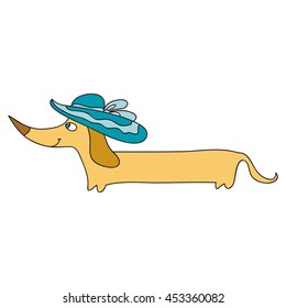 Cute cartoon dachshund in the hat. Vector illustration.