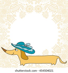 Cute cartoon dachshund in the hat. Vector illustration.