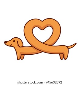 Cute cartoon dachshund with heart shaped body, funny long wiener dog. St. Valentines day greeting card vector illustration.
